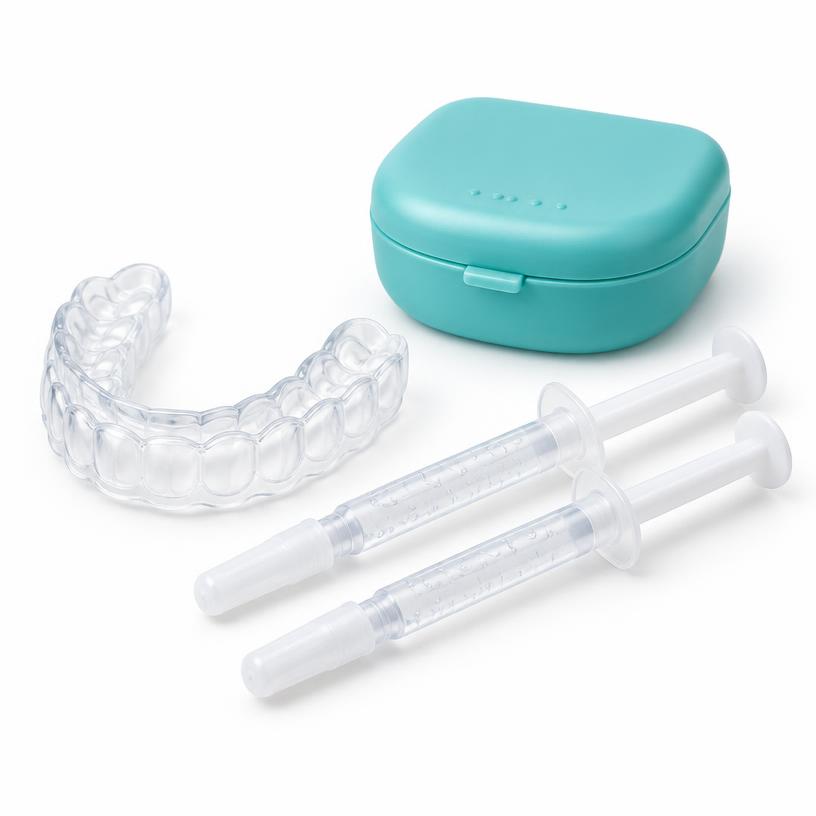 Illustrative whitening tray and kit, not the specific campaign kit